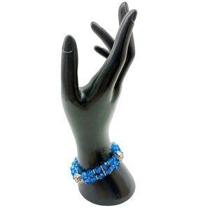 Vintage Blue Crystal and Silver Tone Flower Stretch Bracelet